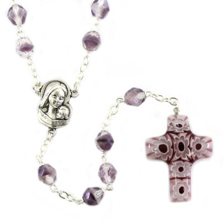 Amethyst glass Rosary with murrina cross 6 mm bead Cipolletti
