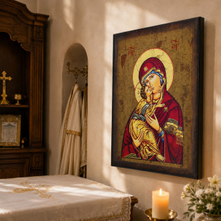 Icono Bizantino Virgen de la Ternura sobre Madera 36x48 cm