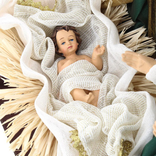 Nativity scene in resin forest green and gold fabric 45 cm