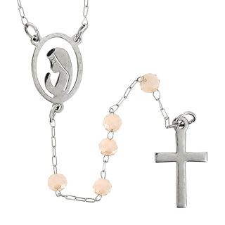 Rosary Necklace Stainless Steel with Faceted Salmon Beads 3 mm