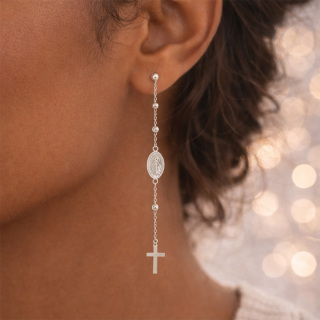 Pendientes colgantes de plata 925 con Virgen Milagrosa y Cruz Realis