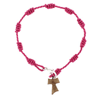 Pulsera Rosario Tau con Cordón Fucsia y Cruz Tau de Madera