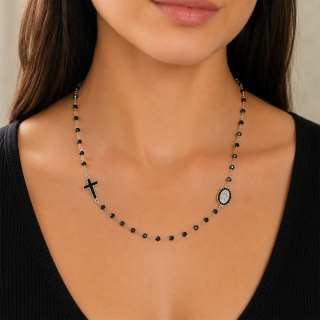 Rosario Collana Argento 800° Grano Swaroski Nero 3 mm
