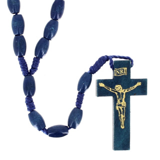 Blue Wood Rosary with Gold Crucifix Beads 6x10 mm