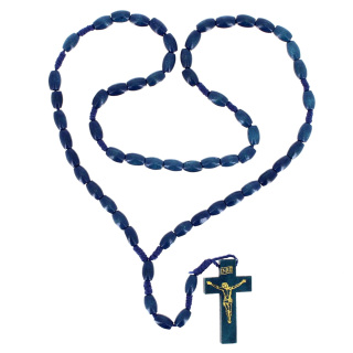 Blue Wood Rosary with Gold Crucifix Beads 6x10 mm